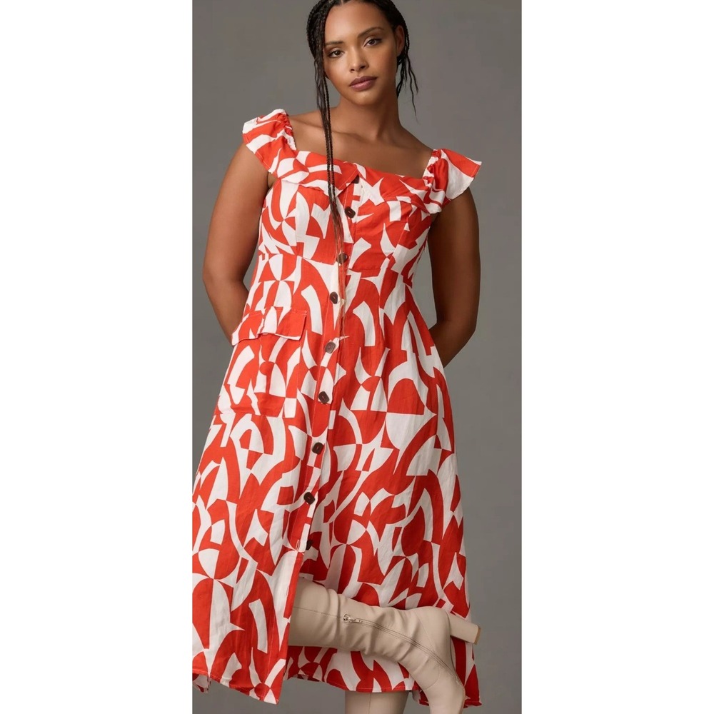 Anthropologie Plus Size A-line Dress‎ Orange  Geometric Off Shoulder Size 20W